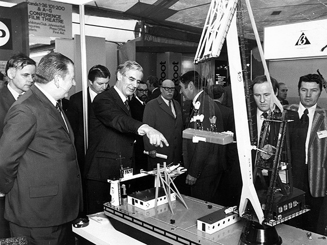 Lord Polwarth takes a particular interest in a model at Offshore Europe in 1973