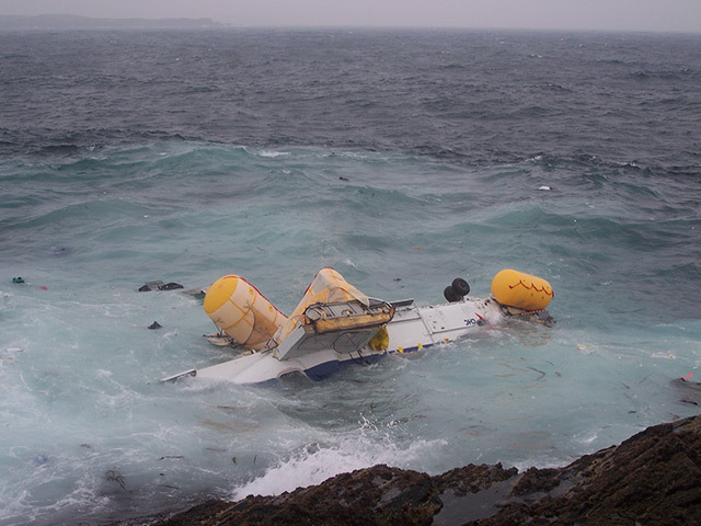 Wreckage from the Super Puma floats in the sea off Shetland.