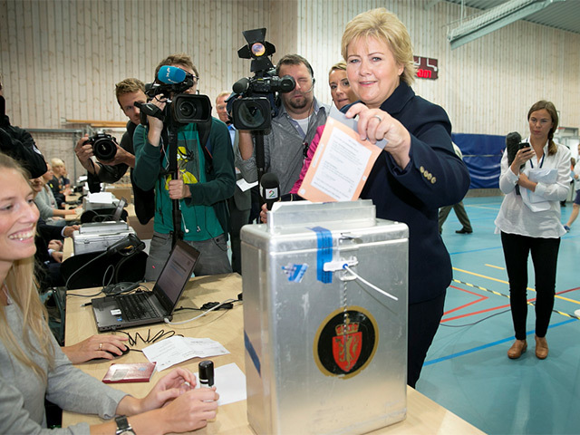 Chairman of the Conservative Party in Norway, Erna Solberg, casts her vote in the general election