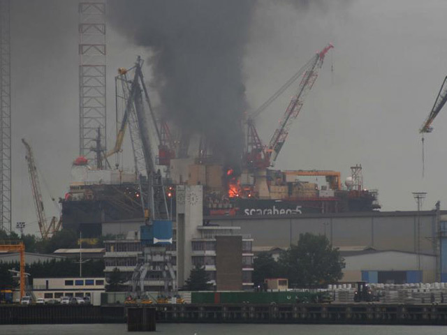 The rig on fire in dry dock. Picture: RTV Rijnmond