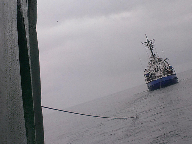 The Arctic Sunrise under tow to Murmansk. Pic: Greenpeace