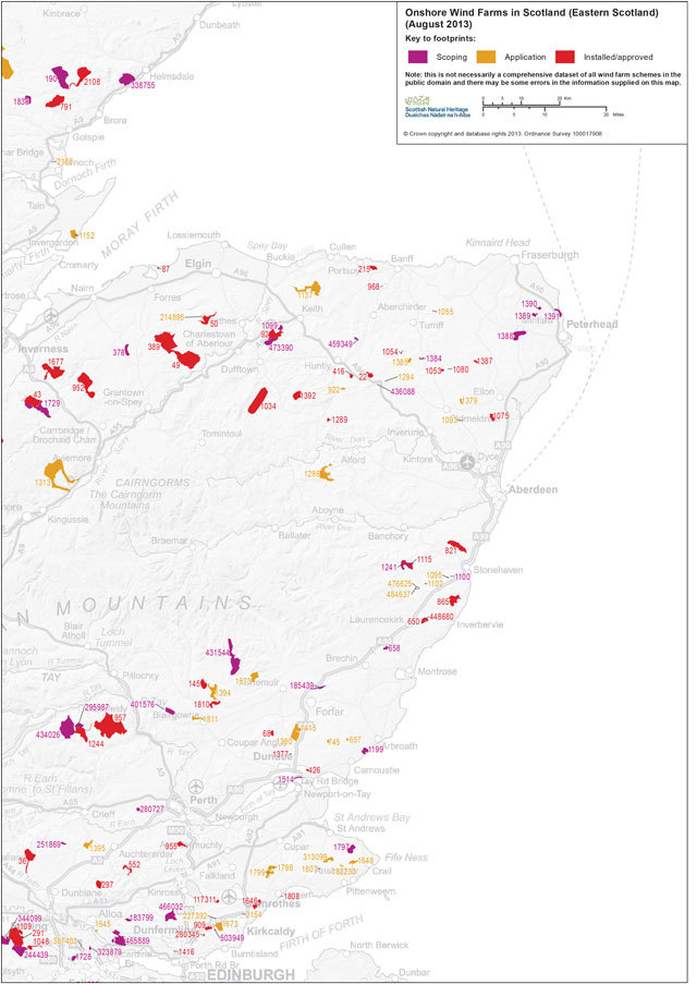 A map showing onshore windfarms in the North-east by Scottish Natural Herritage, August 2013