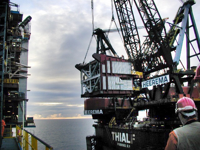 The crane-barge Thialf is seen here working for Aker lifting modules in the Norwegian sector Gullfaks field