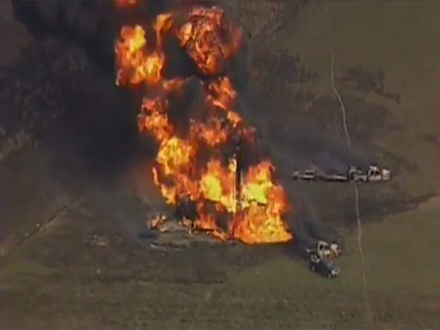 The gas pipeline burns after the explosion near Milford.