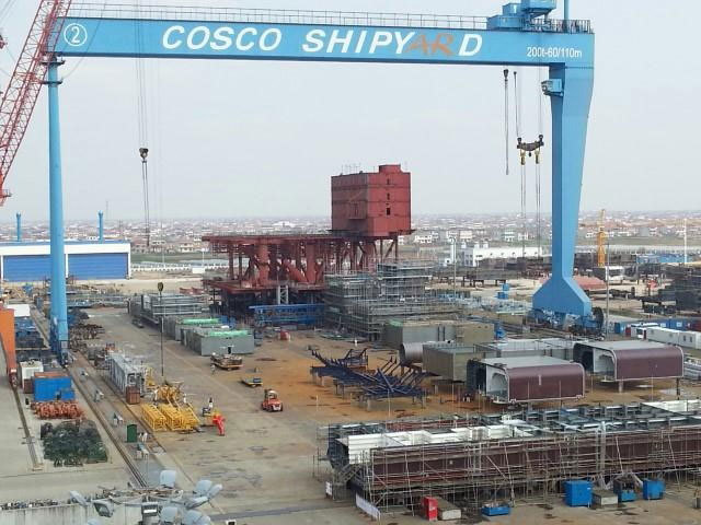 Bird's eye view of the blocks fabrication in Cosco Qidong yard. The grey colour blocks in the centre are Dana's WI FPSO