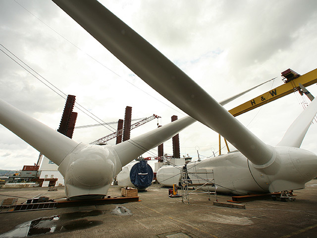 Wind turbines being prepared for installation at the Robin Rigg offshore windfarm in the Solway Firth