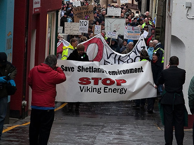 WE SAY NO: Around 350 Shetlanders turned out in this protest to express their opposition to Viking Energy’s plans for a huge windfarm on the islands’ mainland