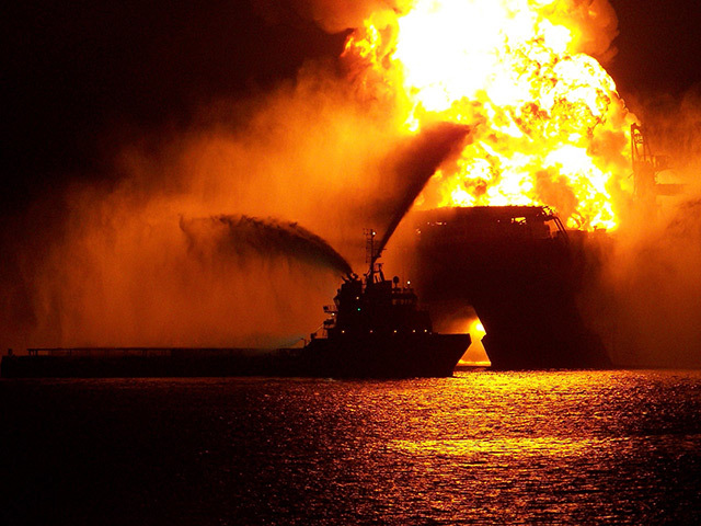 Blazing remnants after the Deepwater Horizon explosion in 2010