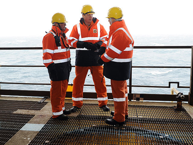 From left: Offshore Installation manager Mark Furness, PM David Cameron and BP's Trevor Garlick