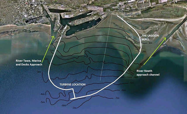 Aerial image of Swansea Bay showing tidal lagoon layout