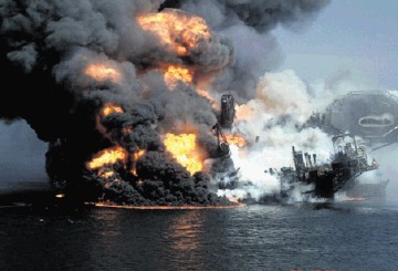 The Deepwater Horizon oil platform burning after the massive explosion