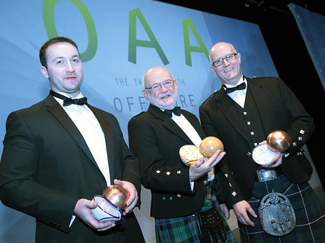 Young professional winner Raymond MacKenzie, Brian Nixon with his significant achievement gong and Inspiring leader Steve Nicol at the Offshore Achievement Awards