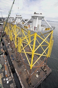 Wind turbine jackets from the BiFab manufacturing facility in Burntisland, Fife,  destined for the Vattenfall Ormonde wind farm