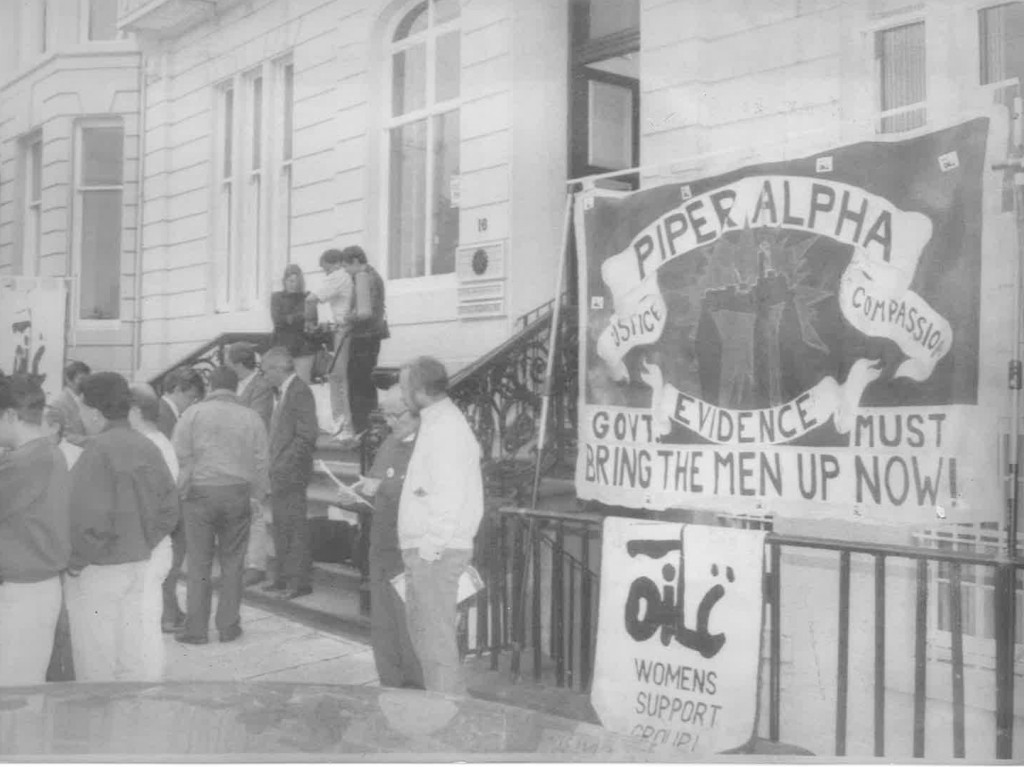 August 1991: Oil workers picketed officials in Glasgow who arrived to sign a recognition deal with the Offshore Contractors Council