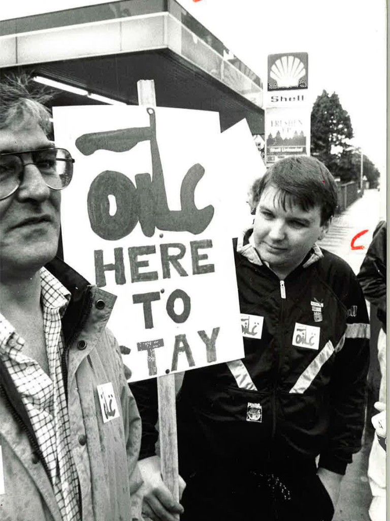 September 1990: Sacked offshore workers in Aberdeen demonstrate outside a city filling station urging motorists to boycott Shell petrol