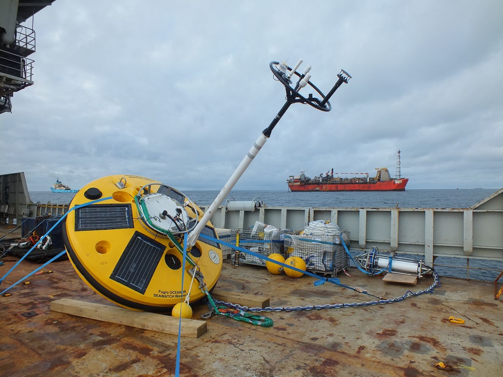 Wavescan buoy ready for deployment on board the Fugro Symphony