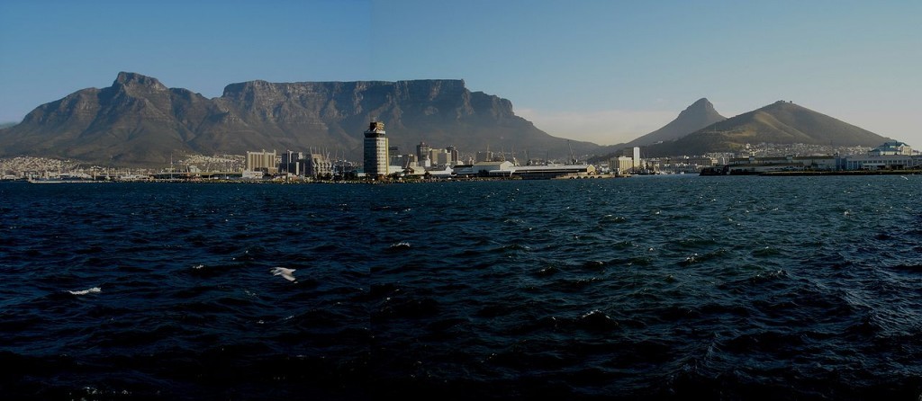 Water in the foreground, Cape Town mountains behind