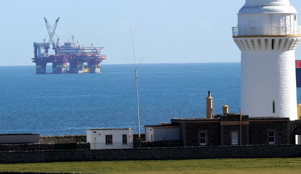 An oil rig waiting outside the harbour in Aberdeen.