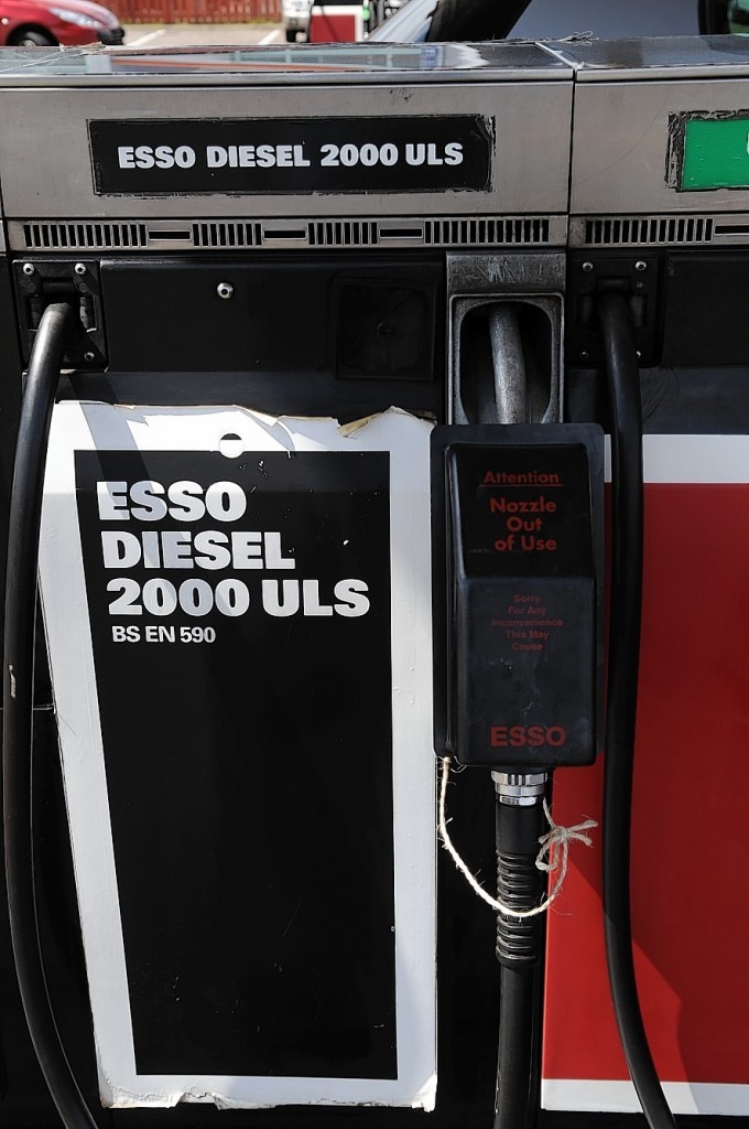 The Esso garage on the Longman Road, Inverness, with a sign 'Sorry No Diesel'.