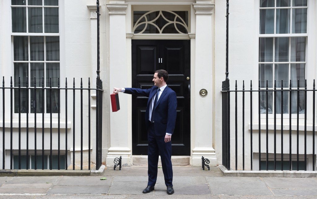 George Osborne holds his ministerial red box up to the media