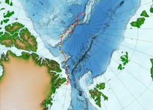 Map of the central Arctic Ocean with the expedition route in red. The first day of each month is marked with yellow points.