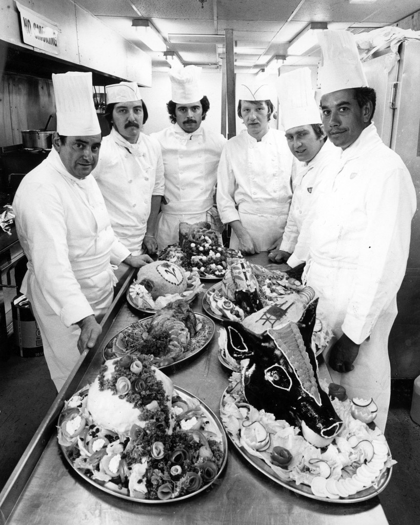 Offshore catering 70s style: chefs prepare food for rig workers on board the Forties platform