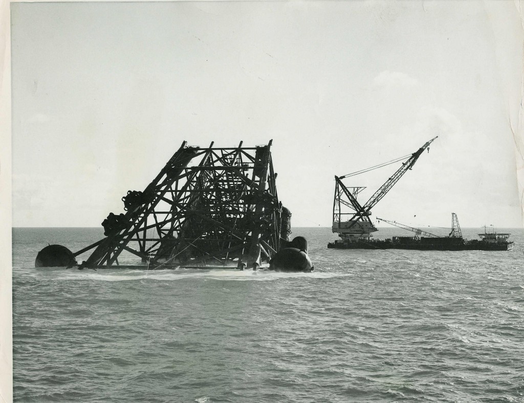 Forties Alpha (Graythorp 1) jacket being canted into place in the North Sea in August 1974