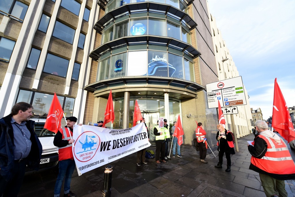 Members of the Unite Union protesting against North Sea catering employers in October 2015.