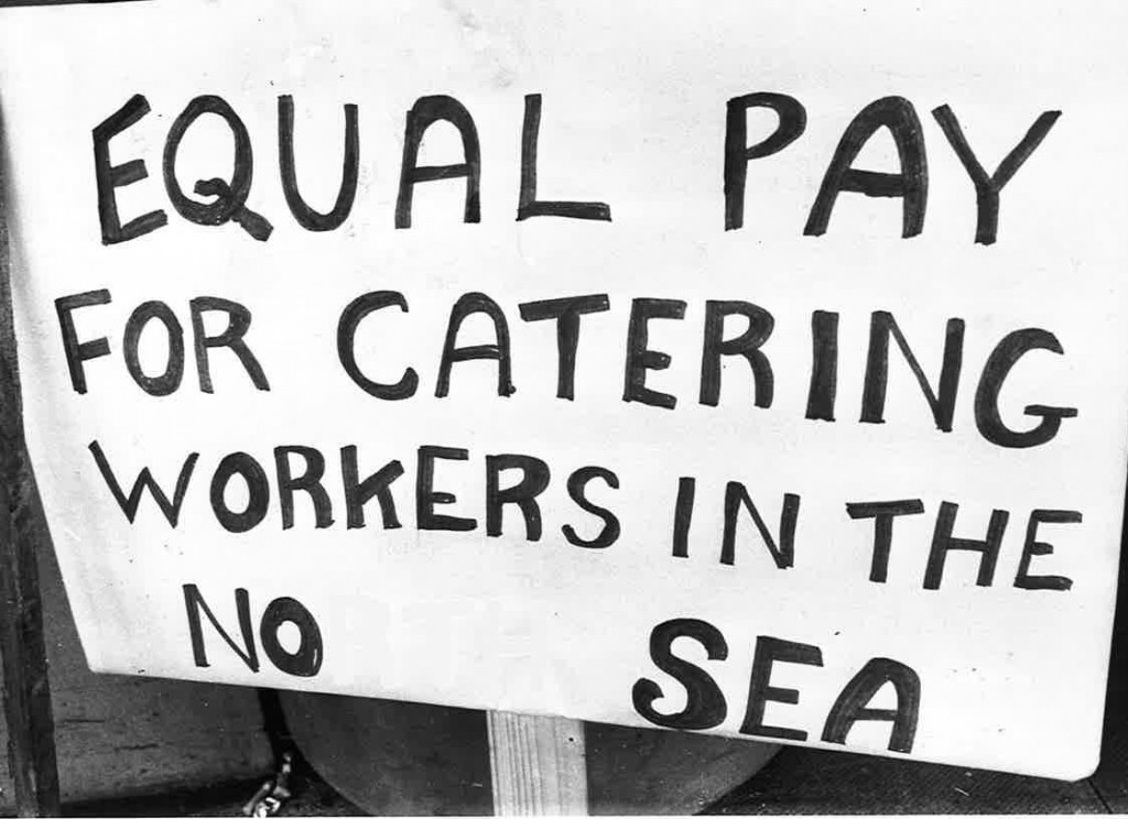 A placard makes the caterers demands in 1979