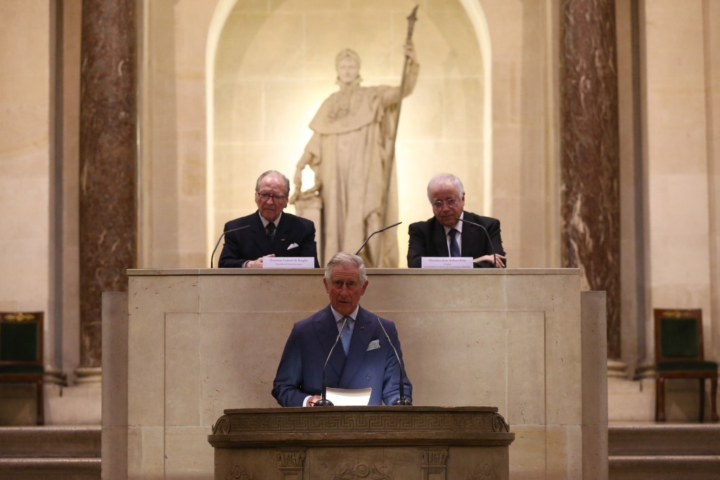 Prince Charles, Prince of Wales speaks during a visit to the Institut De France