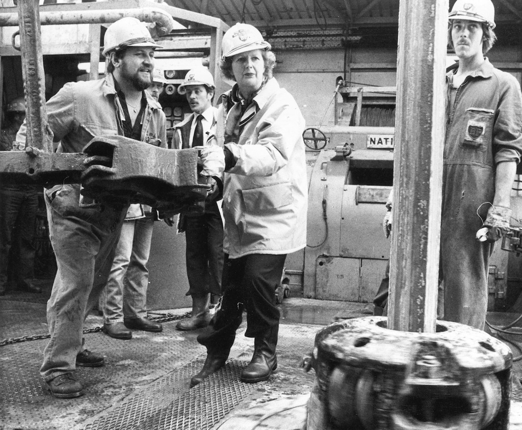 Prime Minister Margaret Thatcher visits the BP Forties oil field. Pictured with toolpusher Colin Murray on the Forties Delta drill floor.