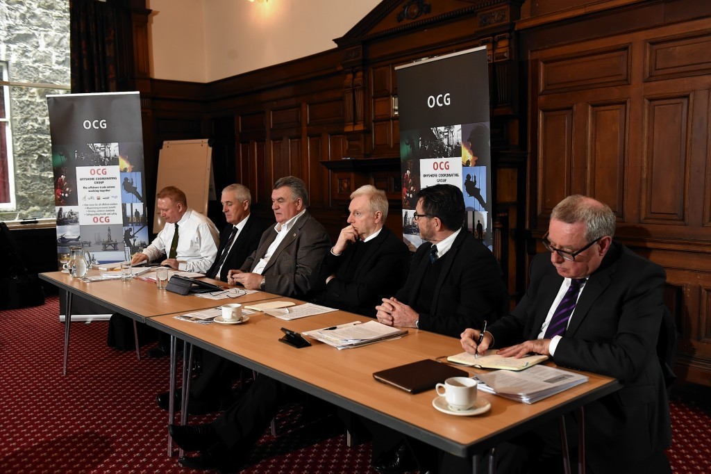 Pictured from left to right at the launch of the Offshore Co-ordinating Group: Alan Ritchie (GMB), Tommy Campbell, Stevie Todd (National Officer), Grahame Smith (STUC General Secretary), Steve Doran (Nautilus International), Jim McAuslan (General Secretary, BALPA).