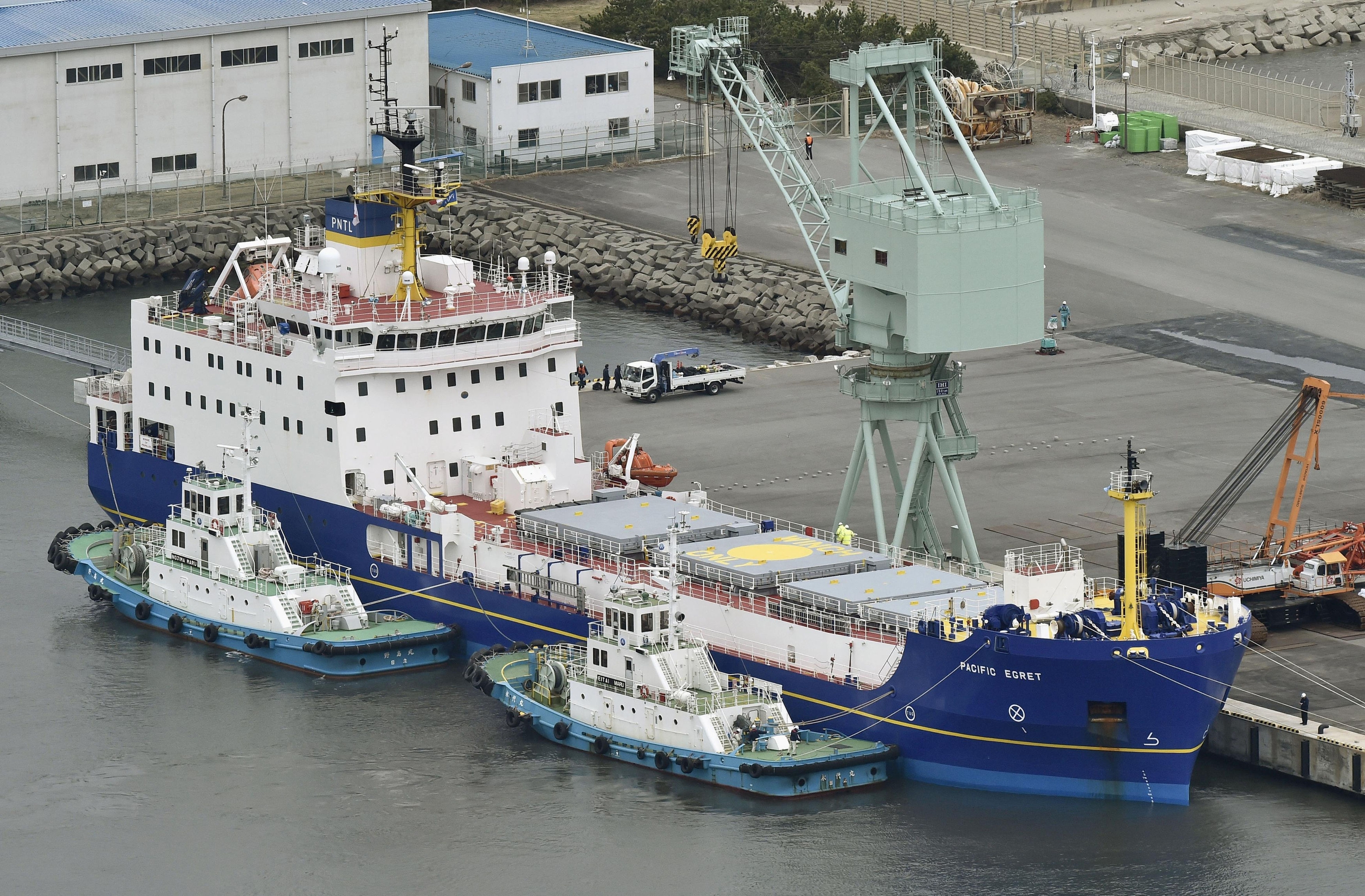 The Pacific Egret, one of the two British-flagged ships arrived in Japan, is anchored at a port in the village of Tokai, northeast of Tokyo