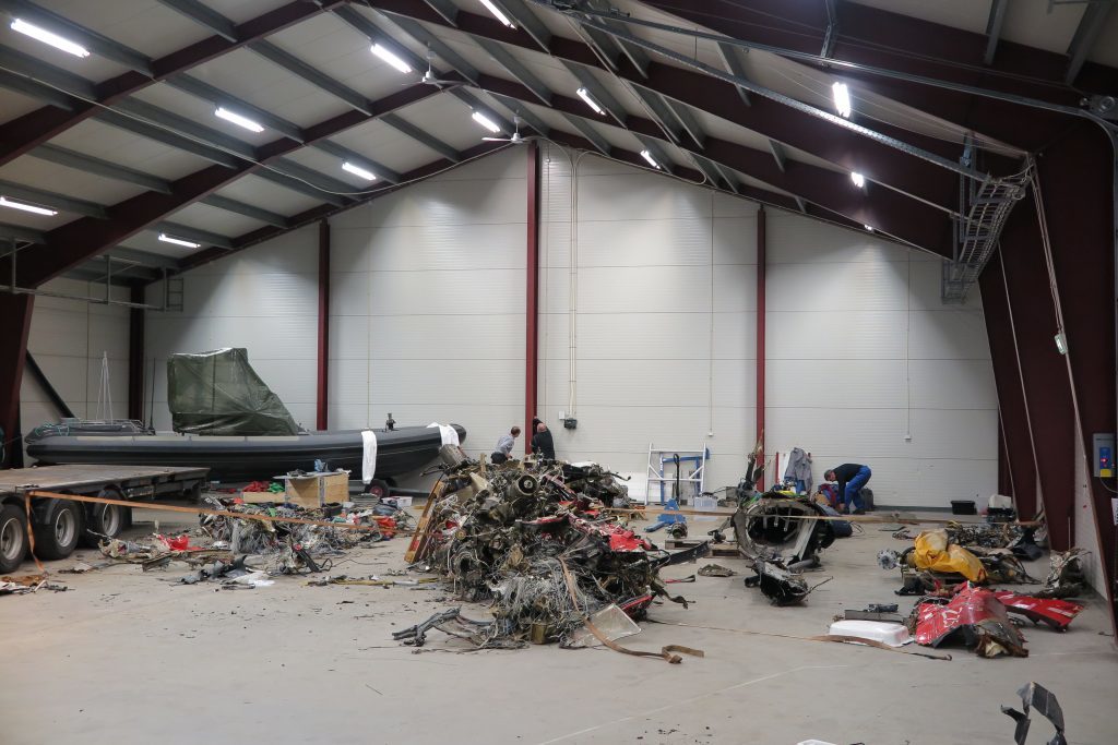 Wreckage from the helicopter in a naval base in Norway.