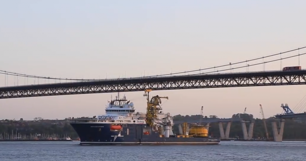 The North Sea Atlantic vessel passing below the Forth Road Bridge