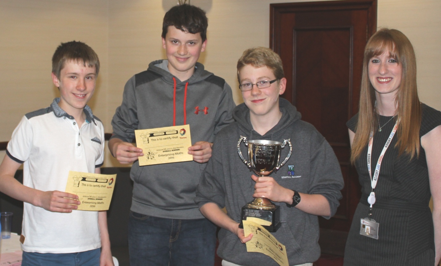 Westhill Academy winners (L-R) Ieuen Harries, Jacob Dohan and James Marriner with TEP UK Graduate Information Systems Analyst, Lindsey Thompson (far right).