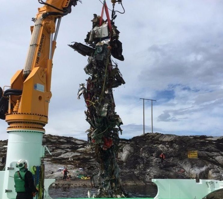 Wreckage of a helicopter which crashed off Norway