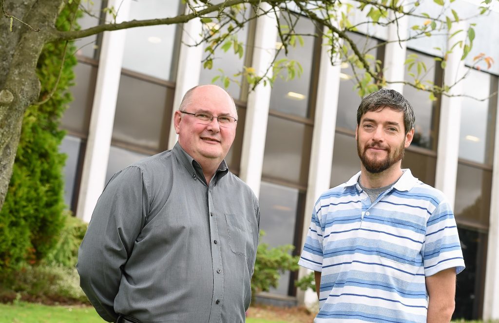 (from left) Ex-oil and gas workers Bob Forsyth and Russell Bolton attending a Aberdeenshire Council scheme aimed at getting them into teaching jobs, held at Woodhill House. 
Picture by KEVIN EMSLIE