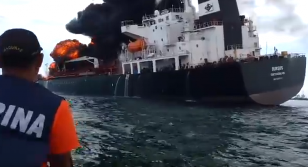 The Burgos oil tanker ablaze in the Gulf of Mexico
