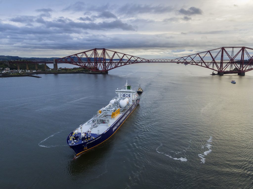 The JS INEOS Insight, laden with US shale gas, sails under the Forth Rail Bridge as it arrives in Scotland before docking at INEOS Grangemouth