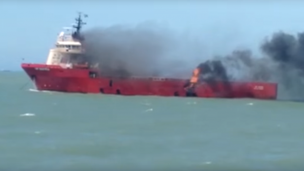 Video footage has emerged of the moment a vessel caught on fire