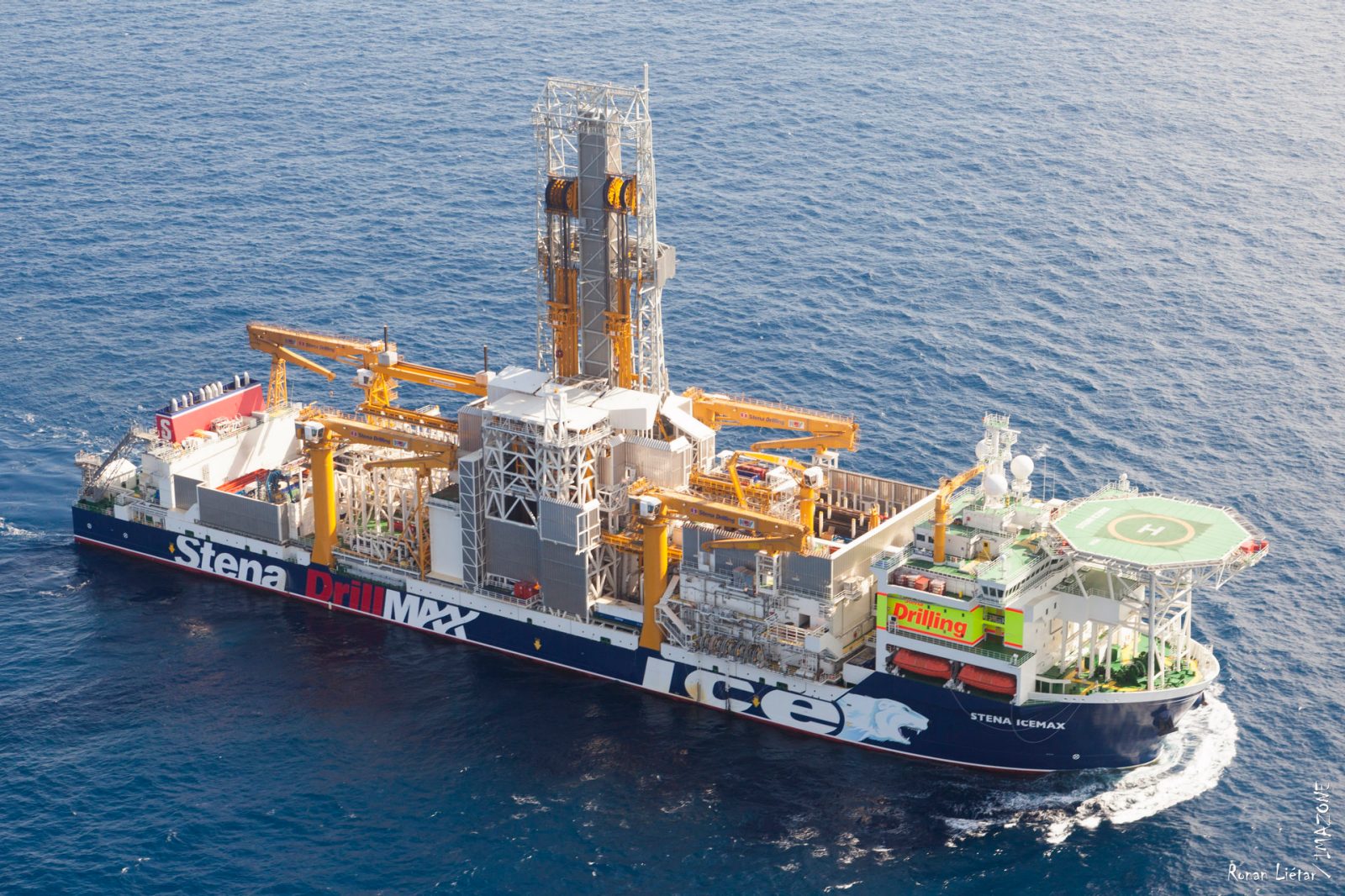 Aerial view of a drillship with helipad