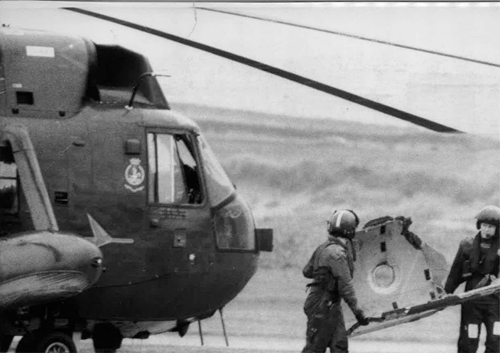 Wreckage of the Chinook arrives at Sumburgh Airport