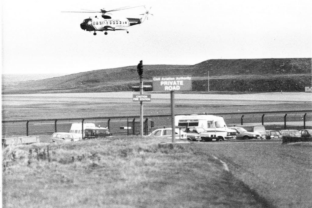 Helicopter leaving  Sumburgh to search for survivors