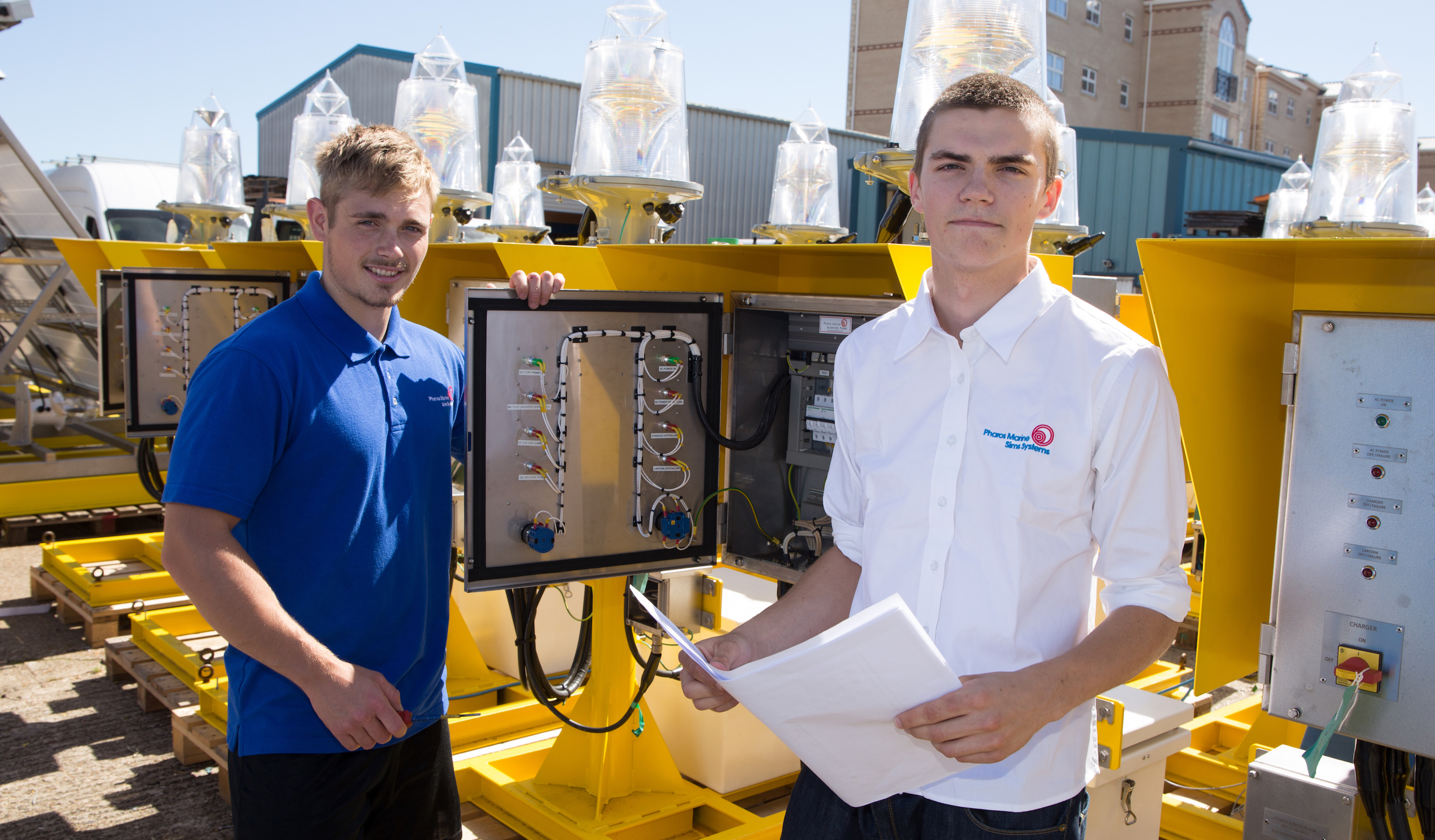 Apprentices Tom Woodruff (right) and Cory Newland, taken on by Pharos Marine Sims Systems to complete their apprenticeships after being made redundancy because of the oil & gas industry downturn