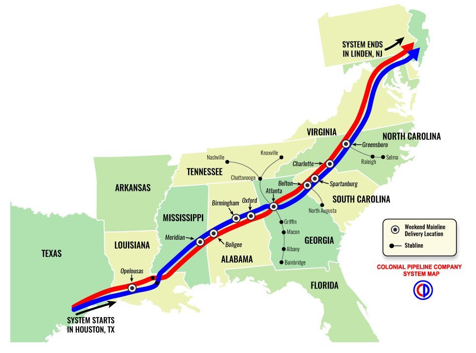 A map of the Colonial Pipeline