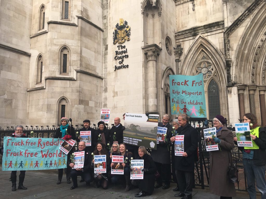Residents of Kirby Misperton in Ryedale, North Yorkshire, join anti-fracking campaigners outside the Royal Courts of Justice in London. Picture from FoE.