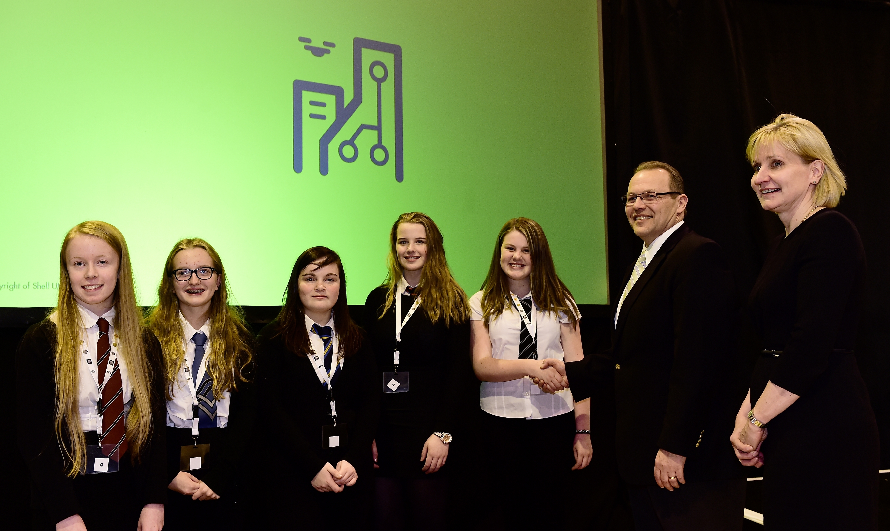 The Shell, Girls in Energy conference at Woodbank House in 2016.    
Pictured - winning team TrainGen L-R Lauren Cheyne, Rachael Murray, Claire Hunter, Natasha Anderson and Claire Duthie with Paul Goodfellow, Shell UK and Deirdre Michie of UK Oil and Gas.