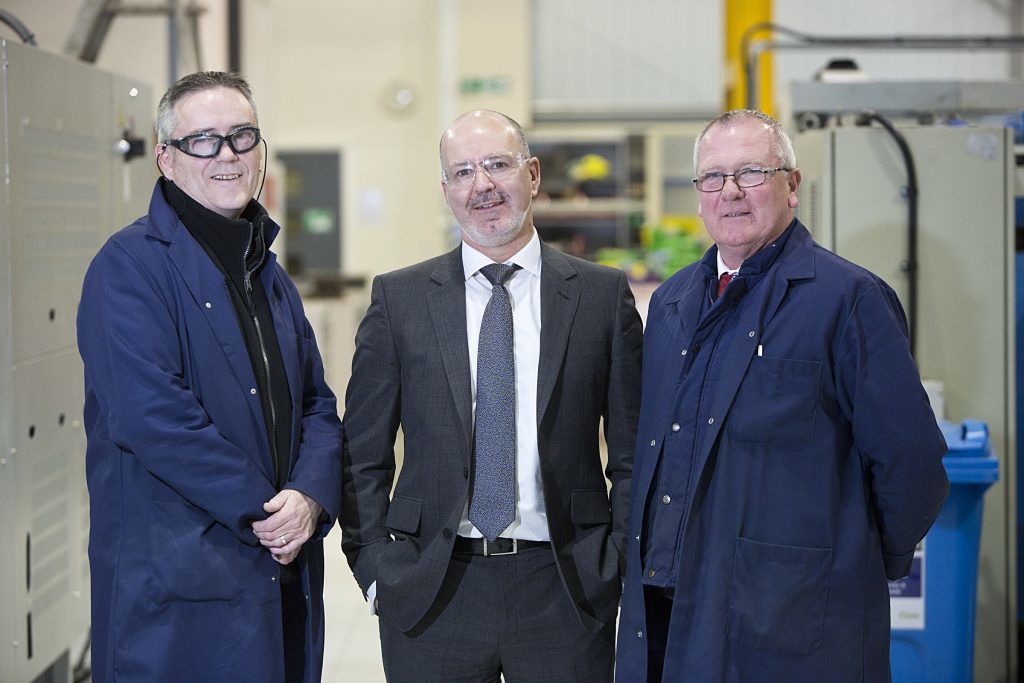 L-R: Jim McBride, Manufacturing Supervisor of Electronics and Microwave divisions, Jim Davidson, CEO of Albacom and Ronnie McKenzie, Surface Engineering & Machining Supervisor.