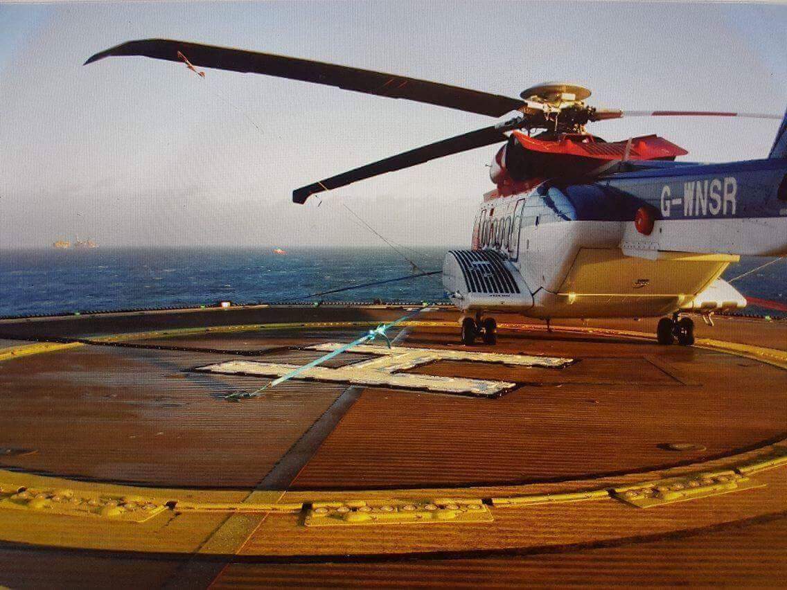 The CHC-operated S-92 aircraft on the West Franklin platform. The picture shows the aircraft tethered to the helideck.